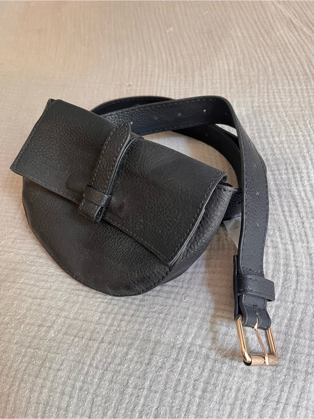 Anthropologie Black Leather Belt Bag with Gold Buckle